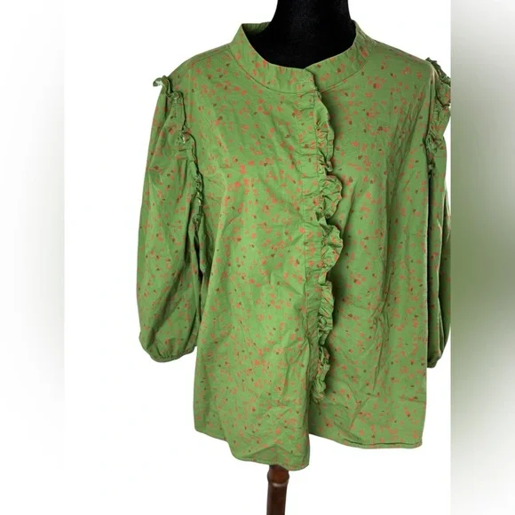 Eloquii Green Printed Button Down Shirt with Ruffle front and ruffle shoulder - Picture 5 of 13